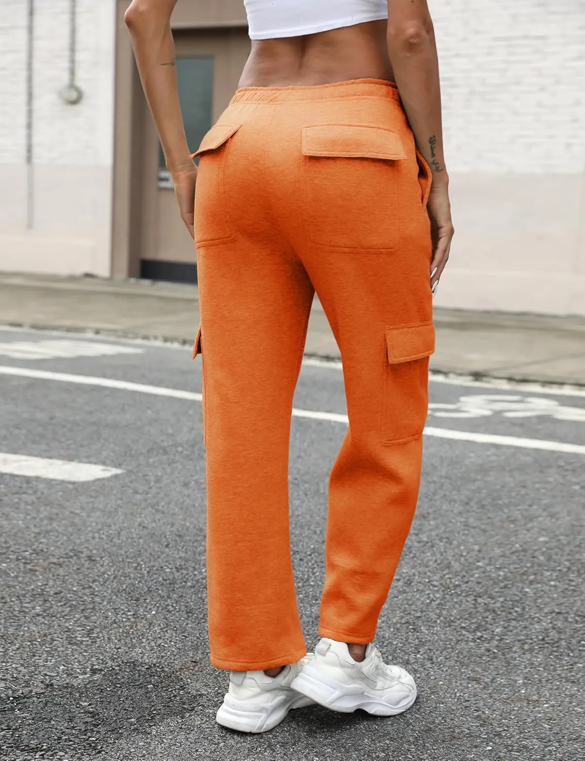 QIBABU Womens Fleece Cargo Sweatpants Casual Baggy Wide Leg Jogger Pants Athletic Open Bottom with Pockets