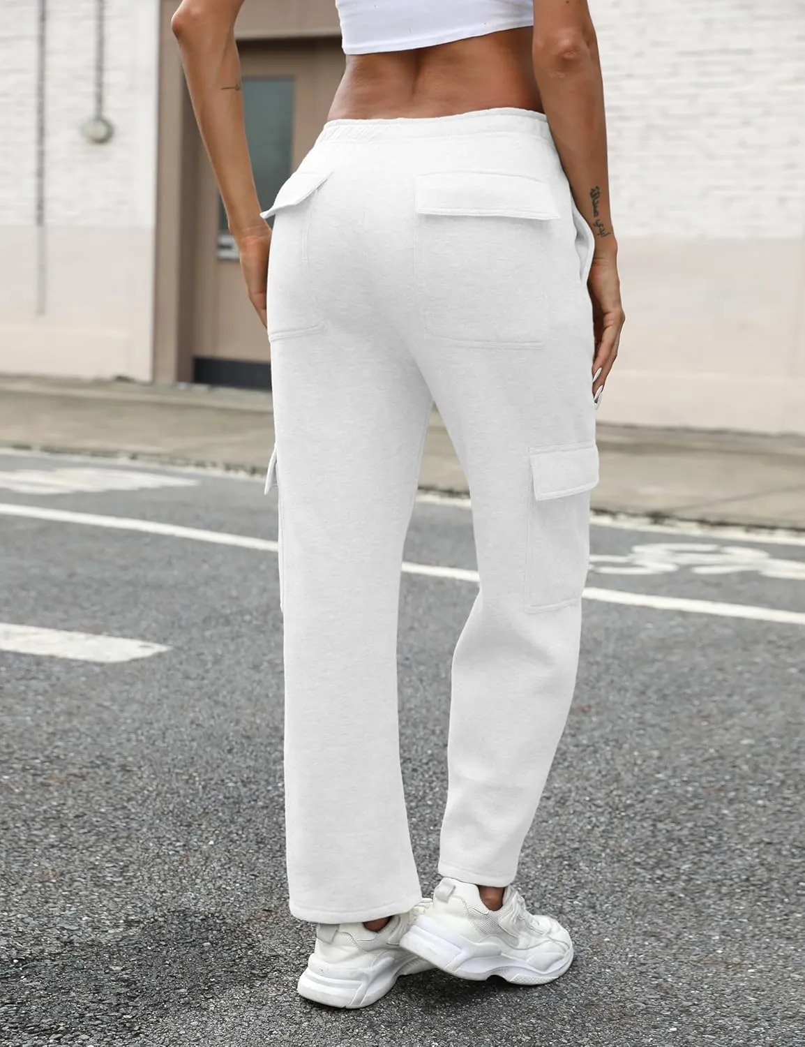 QIBABU Womens Fleece Cargo Sweatpants Casual Baggy Wide Leg Jogger Pants Athletic Open Bottom with Pockets