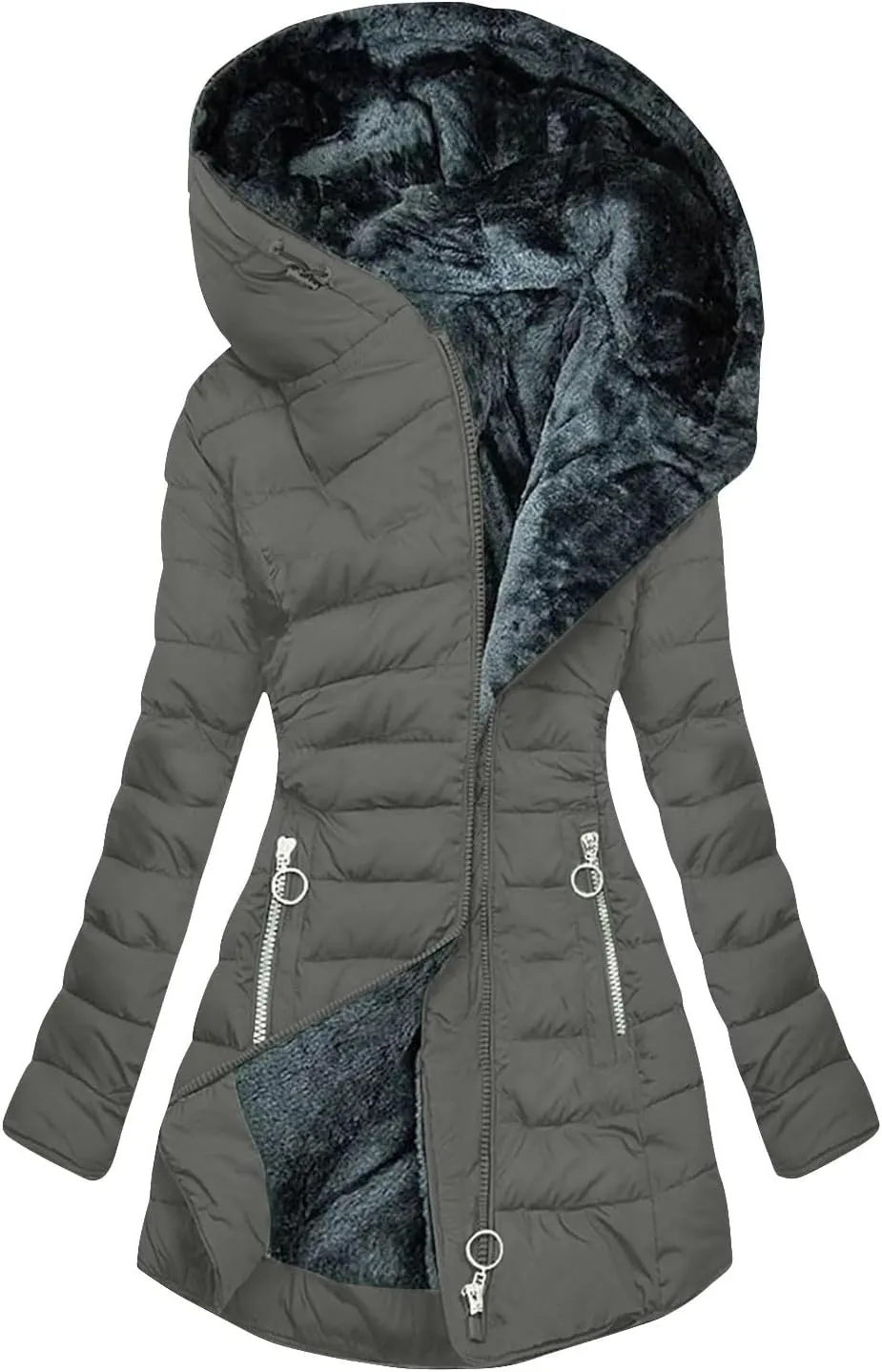 Quilted Jackets for Women Long Thickened Down Alternative Warm Puffer Jacket Water Resistant Parka with Zip Pockets