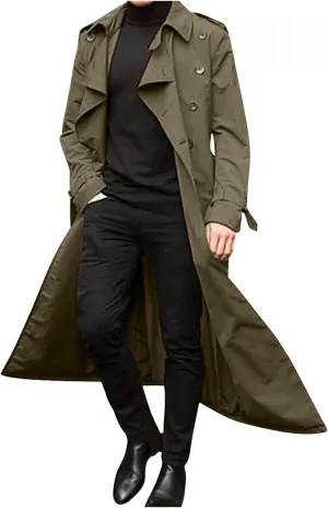 QWENTMTNTY Mens Long Trench Coat Double Breasted Belted Trench Coat Oversized Jacket Casual Business Windbreaker Overcoats
