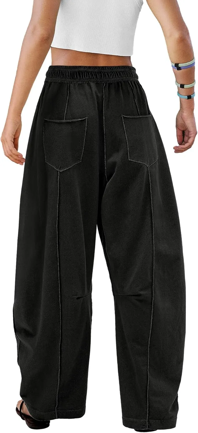 ReachMe Womens Barrel Baggy Sweatpants High Waisted Wide Leg Pants Drawstring Beach Pants Summer Vacation Outfits