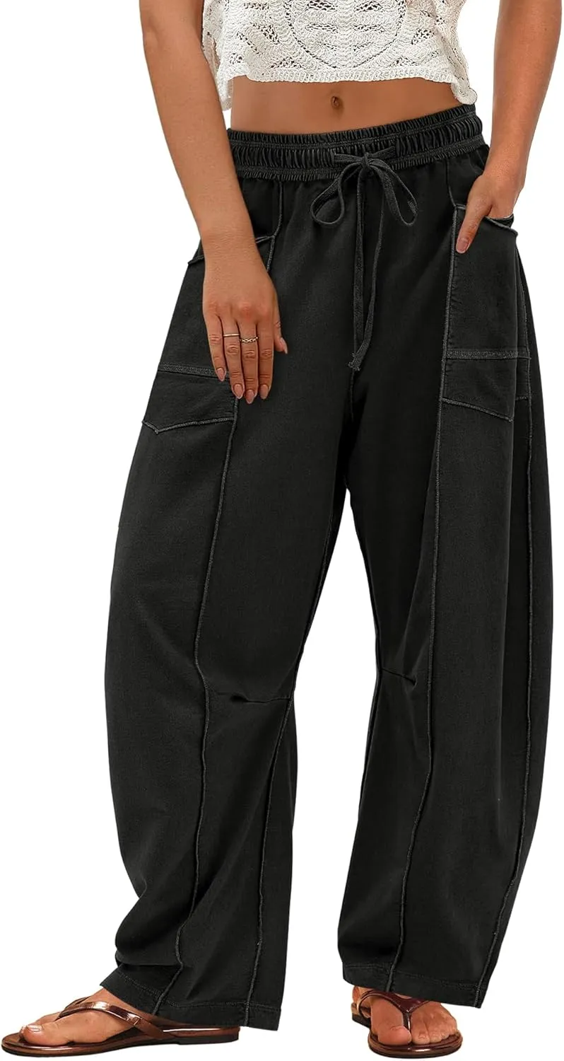 ReachMe Womens Barrel Baggy Sweatpants High Waisted Wide Leg Pants Drawstring Beach Pants Summer Vacation Outfits