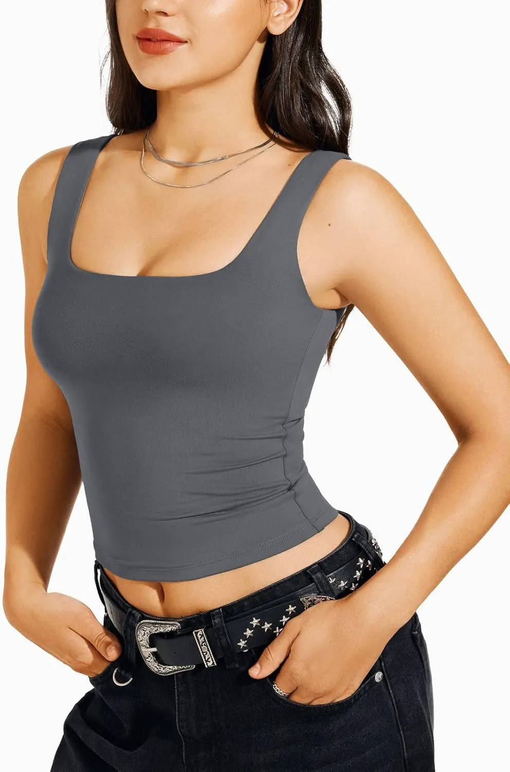 REORIA Butsmooth Women's Square Neck Sleeveless Crop Top Double Lined Stretch Summer Tank Top Casual Going Out Outfit