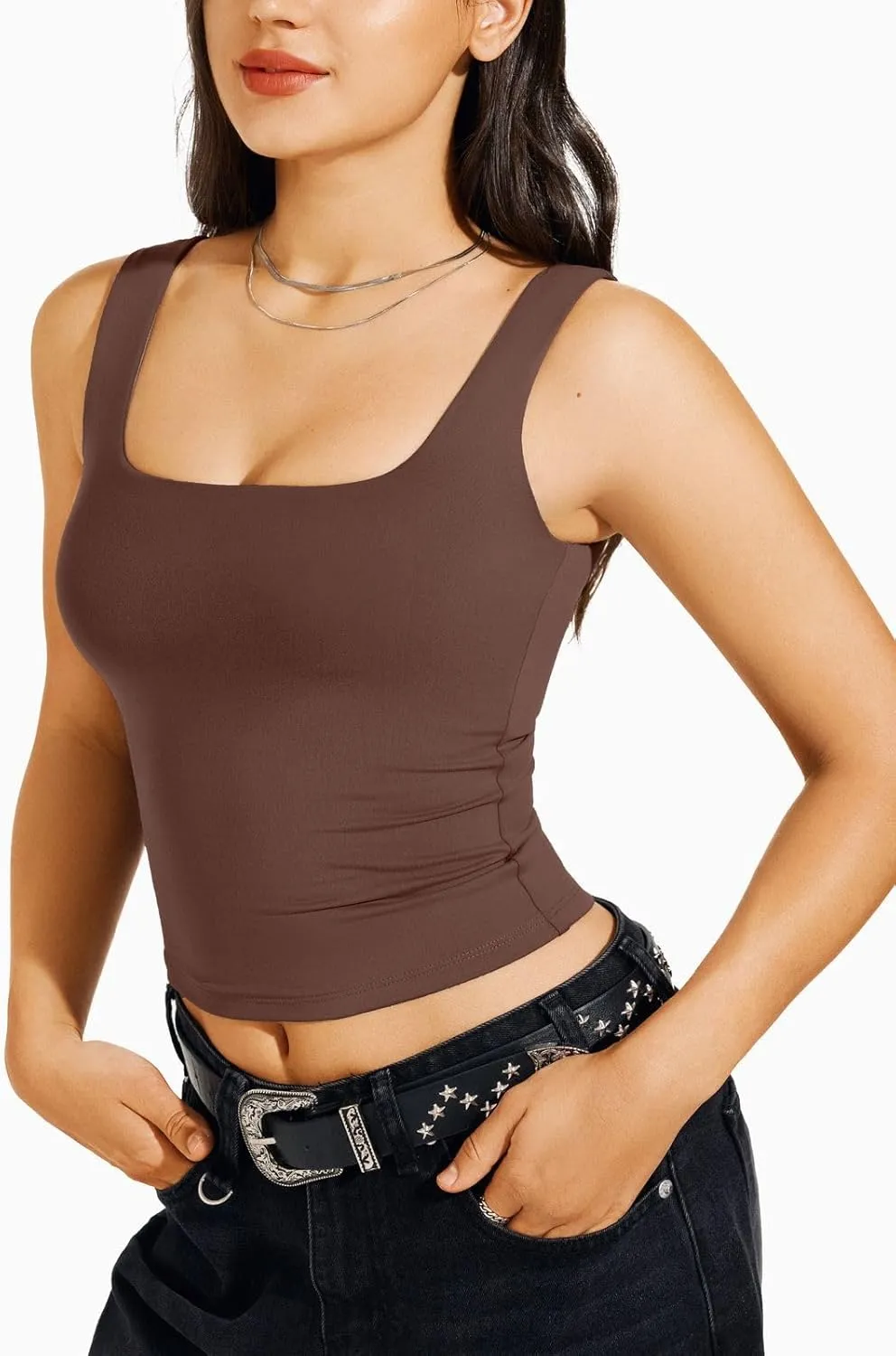 REORIA Butsmooth Women's Square Neck Sleeveless Crop Top Double Lined Stretch Summer Tank Top Casual Going Out Outfit