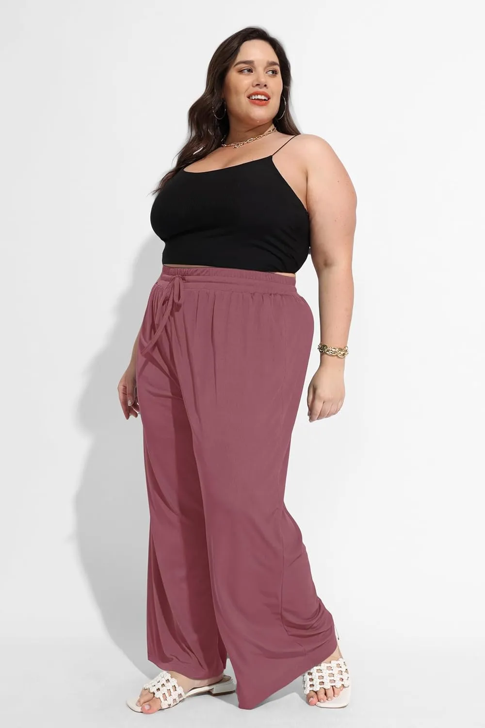 RITERA Womens Plus Size Elastic Waist Wide Leg Pants with Pockets Casual Loose High Waist Pleated Lounge Palazzo Trousers