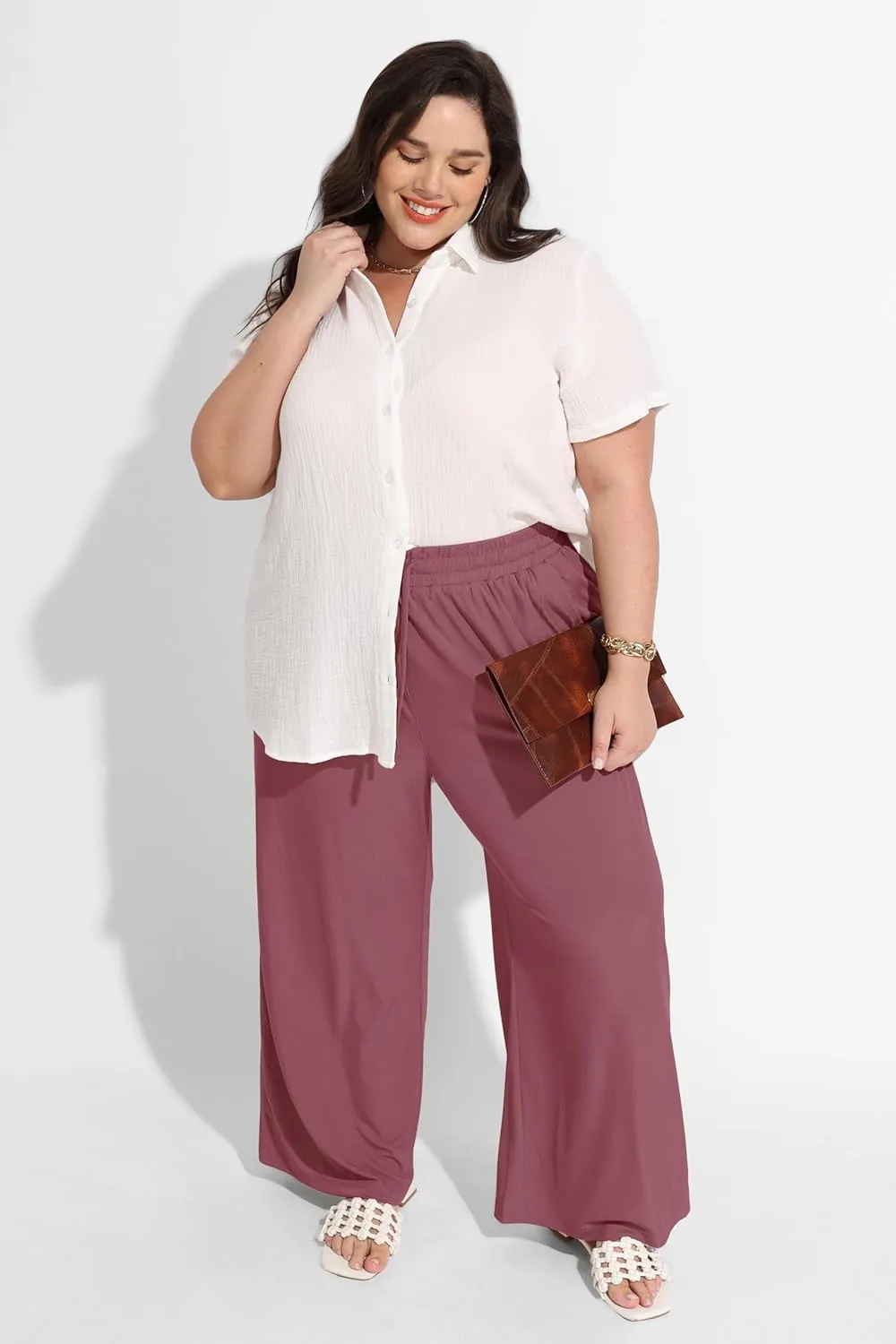 RITERA Womens Plus Size Elastic Waist Wide Leg Pants with Pockets Casual Loose High Waist Pleated Lounge Palazzo Trousers