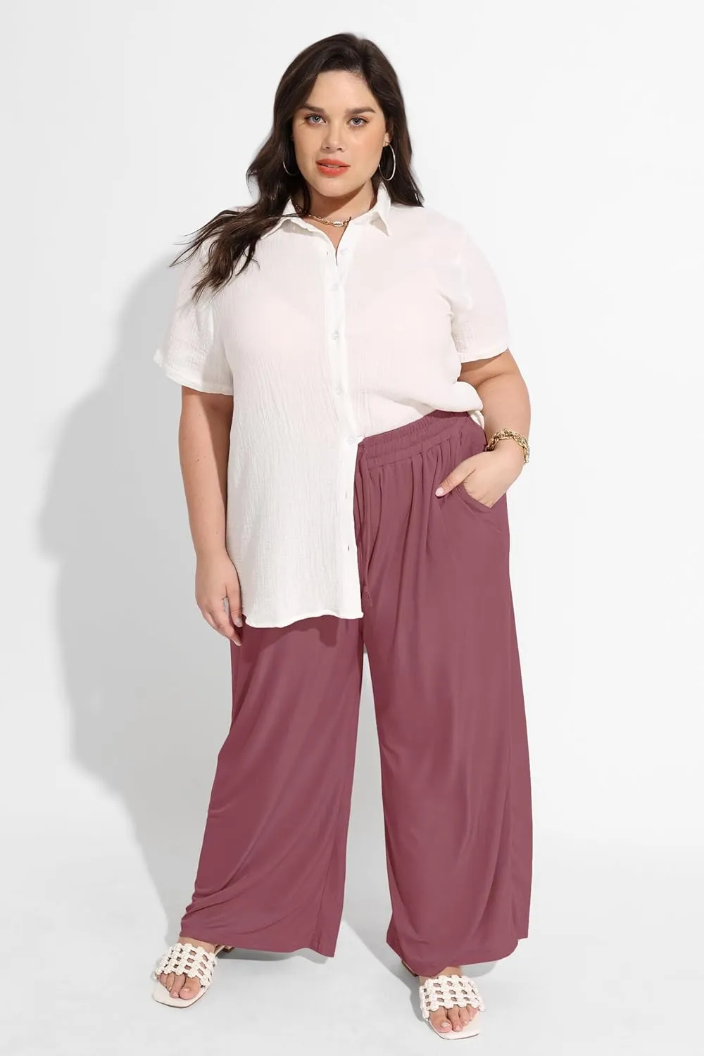 RITERA Womens Plus Size Elastic Waist Wide Leg Pants with Pockets Casual Loose High Waist Pleated Lounge Palazzo Trousers