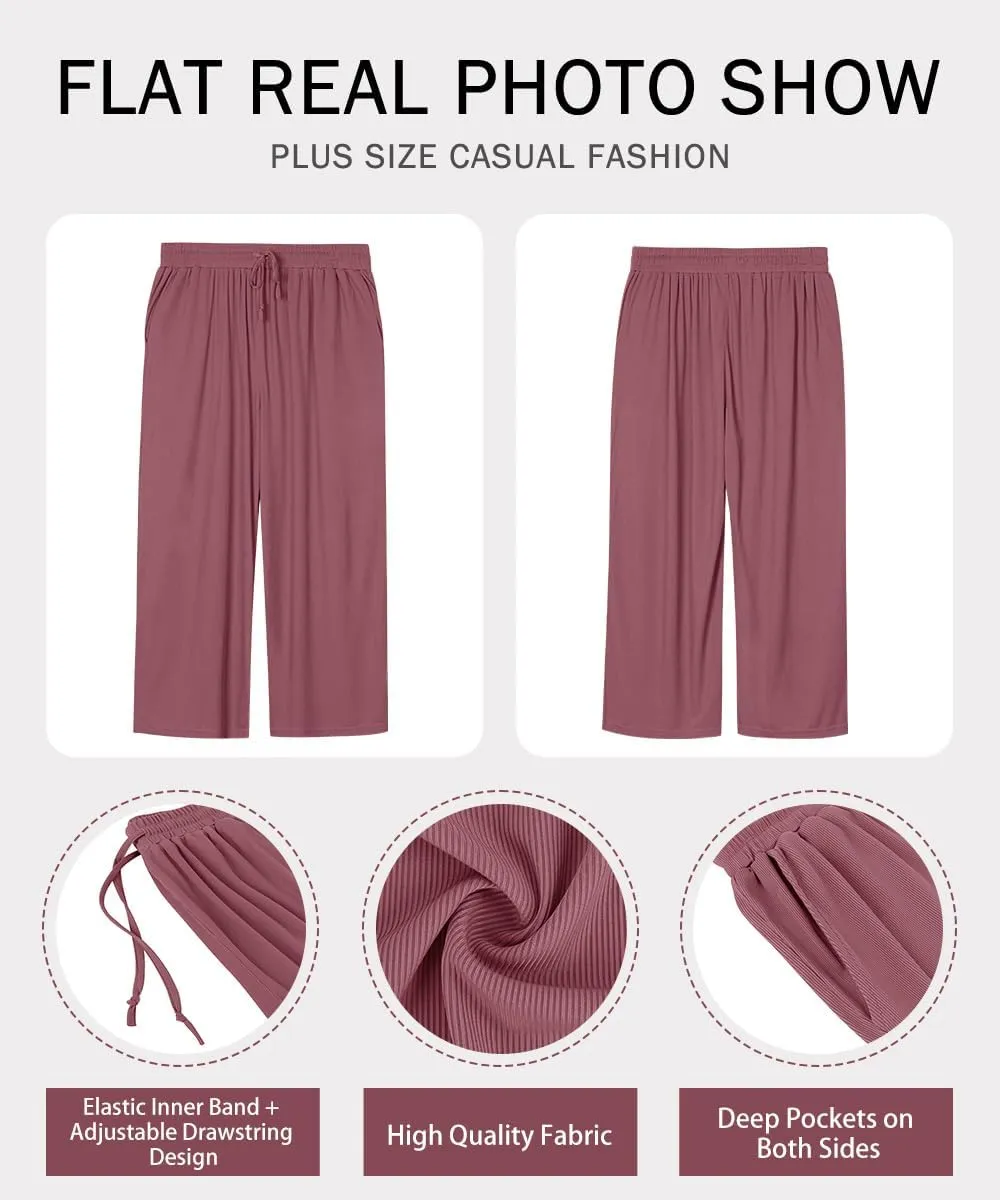 RITERA Womens Plus Size Elastic Waist Wide Leg Pants with Pockets Casual Loose High Waist Pleated Lounge Palazzo Trousers