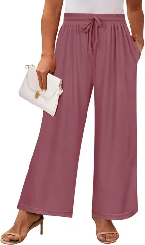 RITERA Womens Plus Size Elastic Waist Wide Leg Pants with Pockets Casual Loose High Waist Pleated Lounge Palazzo Trousers