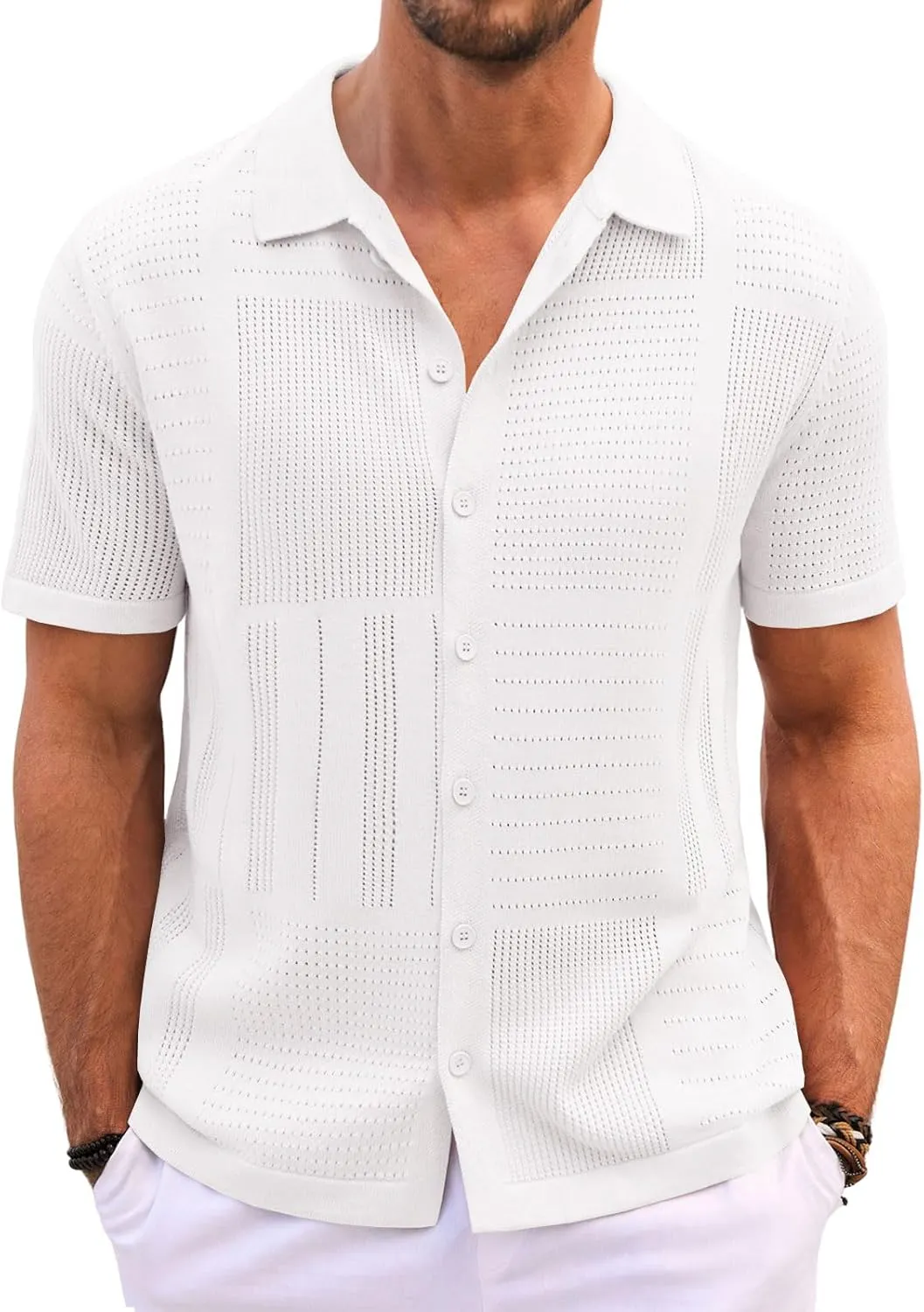 Runcati Mens Knit Button Down Shirt Casual Short Sleeve Cotton Polo Shirt Hollow Out Summer Beach Tops