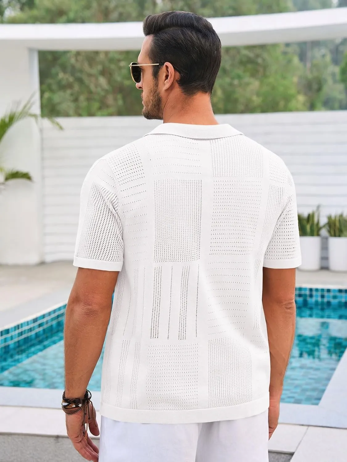 Runcati Mens Knit Button Down Shirt Casual Short Sleeve Cotton Polo Shirt Hollow Out Summer Beach Tops