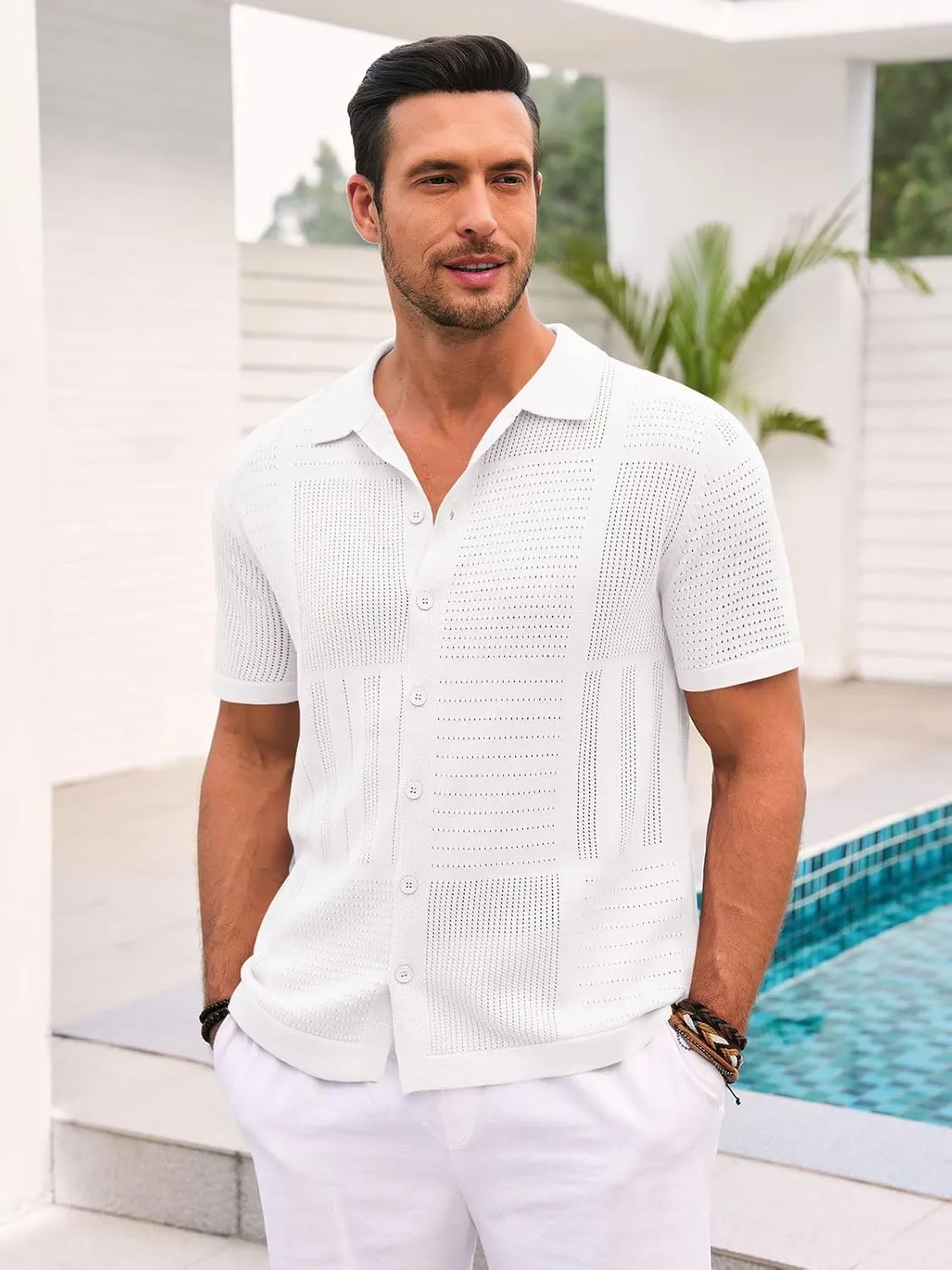Runcati Mens Knit Button Down Shirt Casual Short Sleeve Cotton Polo Shirt Hollow Out Summer Beach Tops