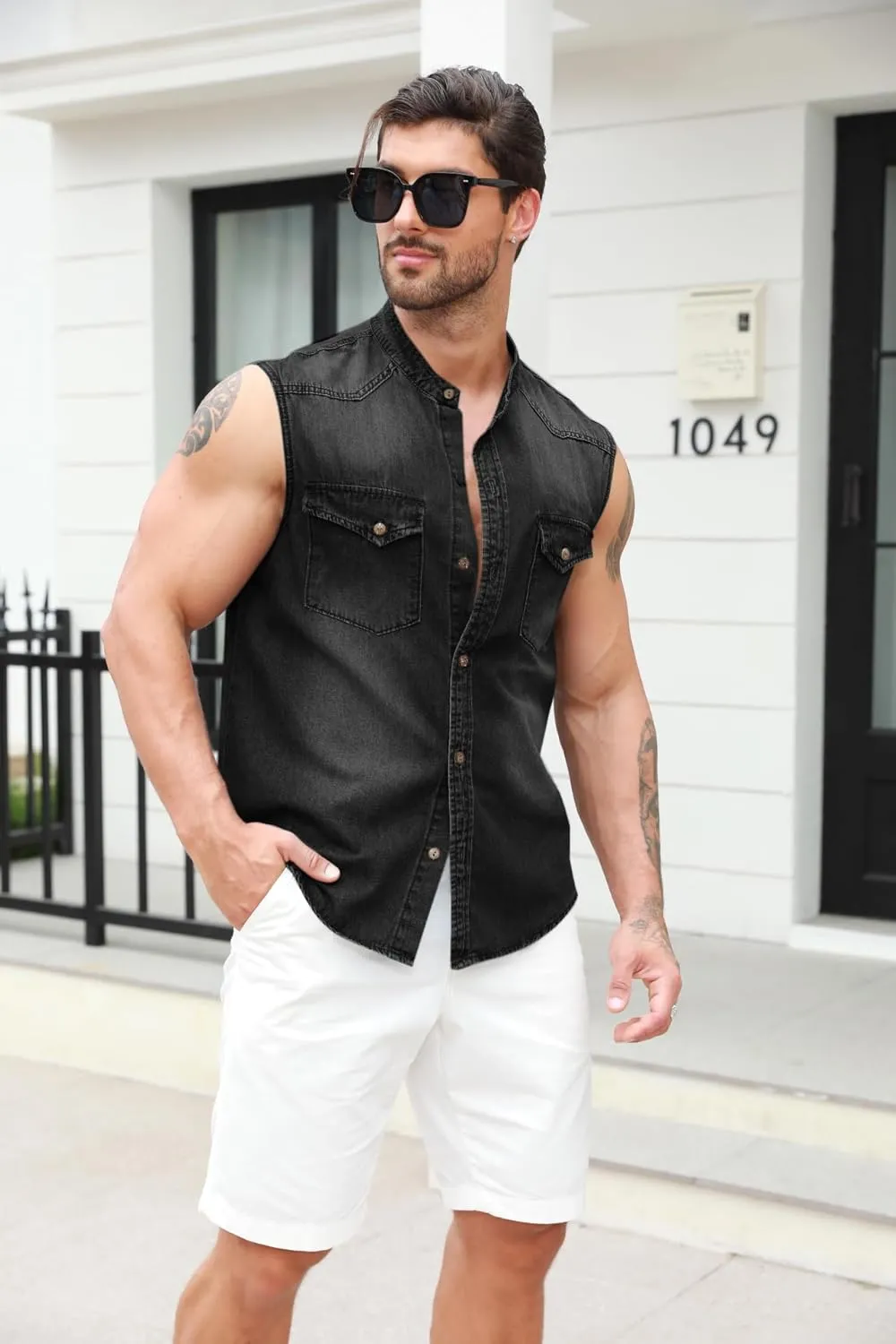 Ryannology Mens Denim Sleeveless Shirts Cowboy Jean Vest Casual Button Down Slim Fit Work Cotton Tops with Pockets