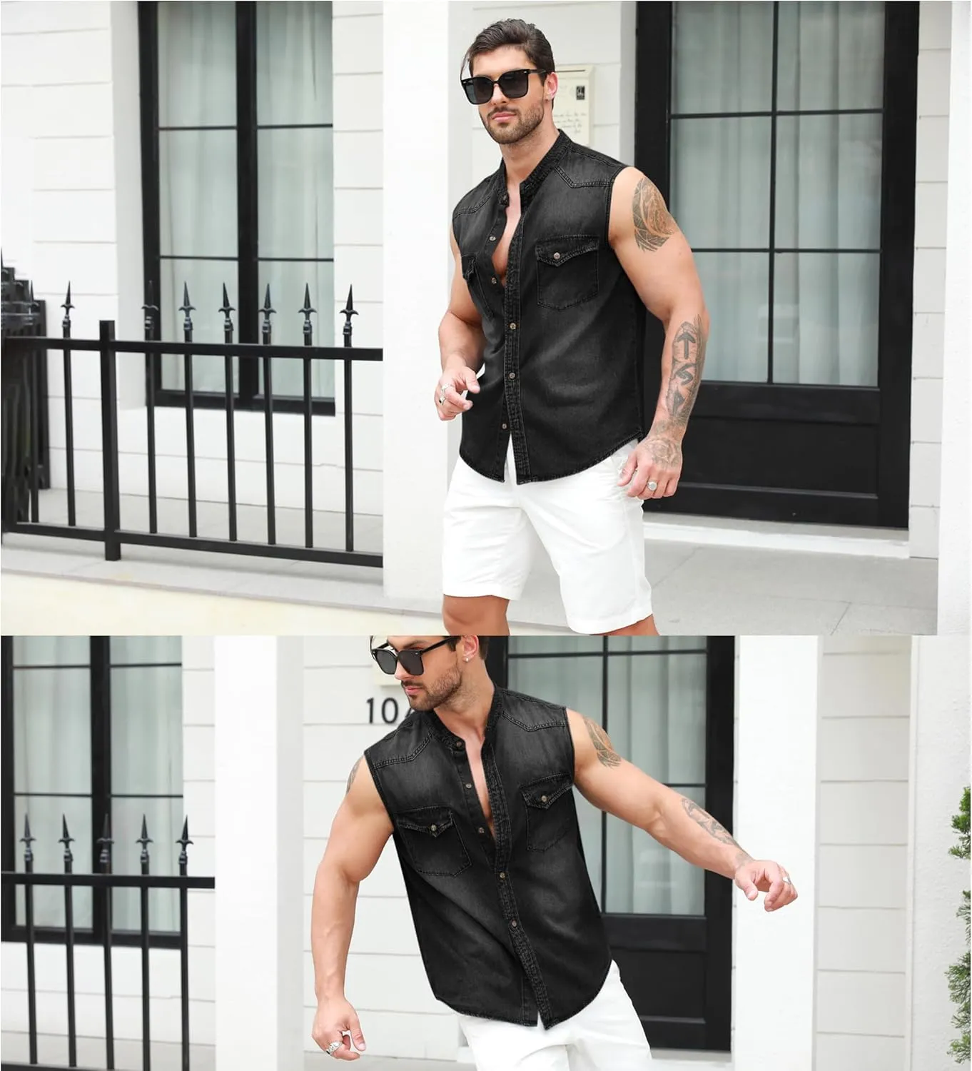 Ryannology Mens Denim Sleeveless Shirts Cowboy Jean Vest Casual Button Down Slim Fit Work Cotton Tops with Pockets
