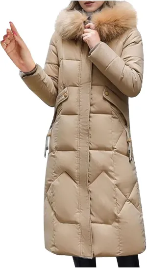 SACFOF Women's Quilted Down Jacket Winter Warm Long Coat Hooded Parka with Fur Collar Thicken Puffer Outwears