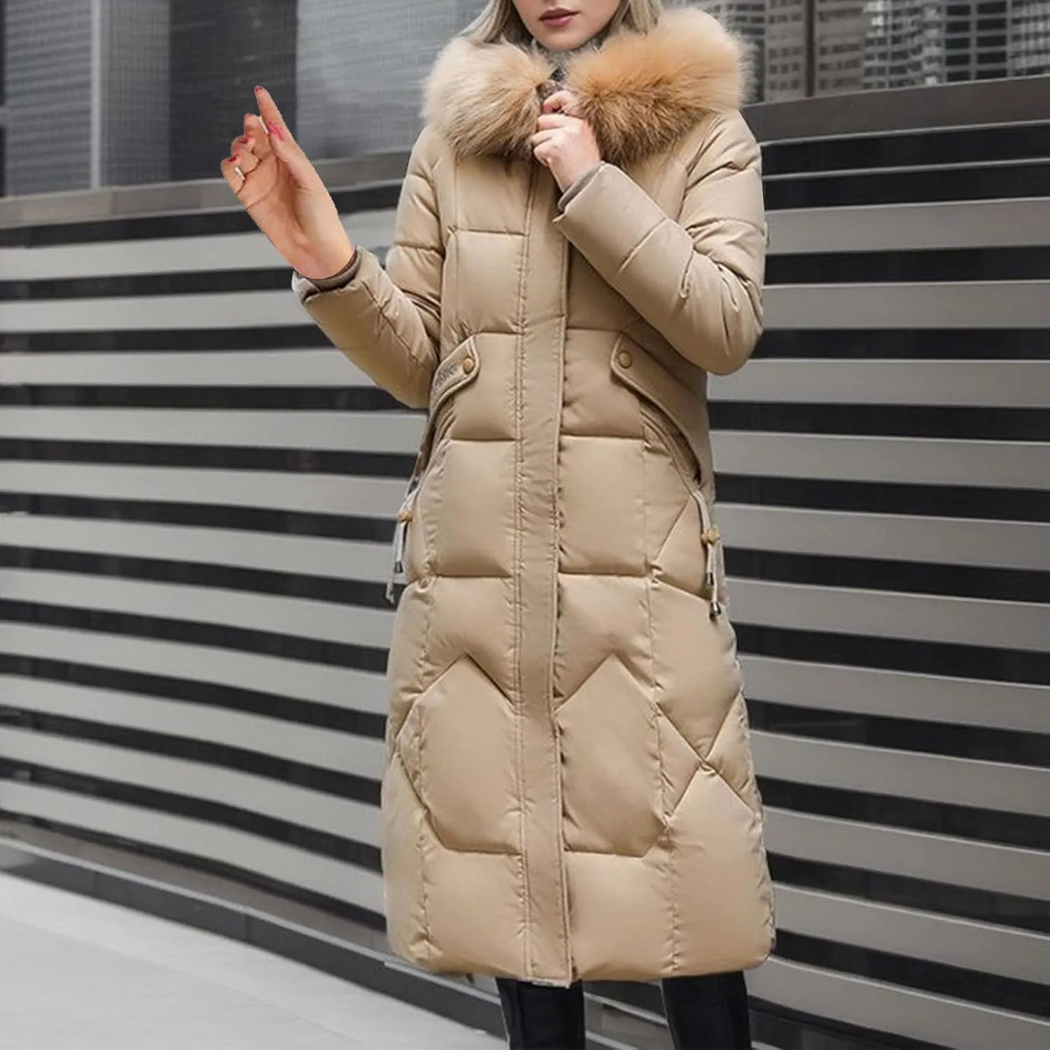 SACFOF Women's Quilted Down Jacket Winter Warm Long Coat Hooded Parka with Fur Collar Thicken Puffer Outwears