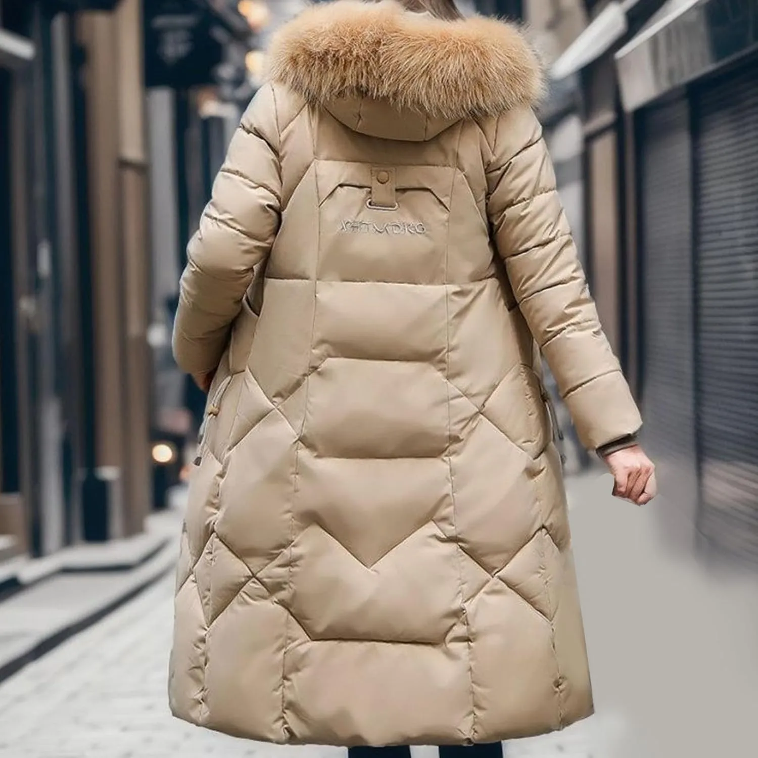 SACFOF Women's Quilted Down Jacket Winter Warm Long Coat Hooded Parka with Fur Collar Thicken Puffer Outwears