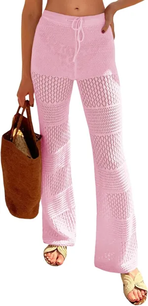 Saodimallsu Womens Beach Cover Up Pants Boho Crochet Knit High Waist Drawstring Sheer Hollow Swim Pant Swimwear