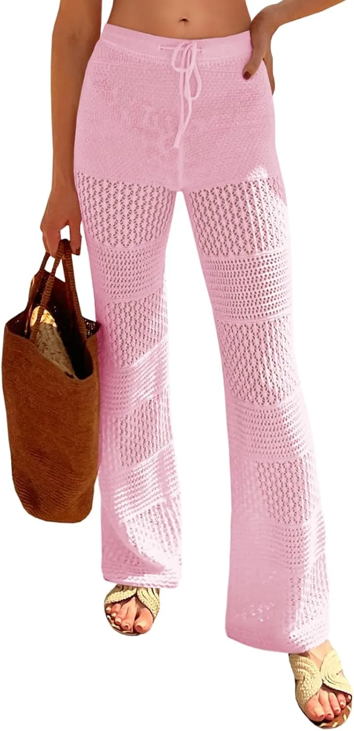 Saodimallsu Womens Beach Cover Up Pants Boho Crochet Knit High Waist Drawstring Sheer Hollow Swim Pant Swimwear