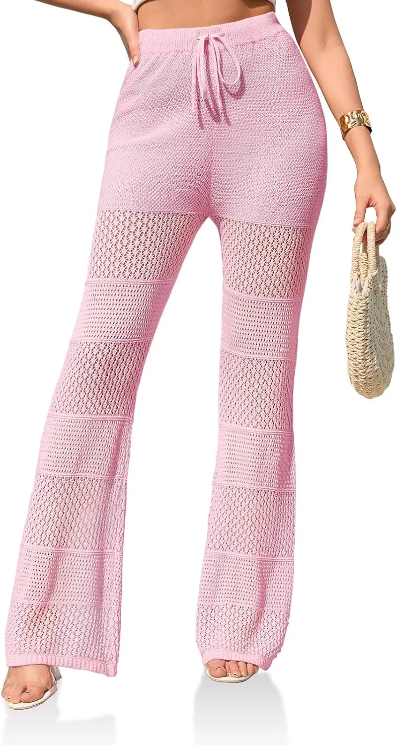 Saodimallsu Womens Beach Cover Up Pants Boho Crochet Knit High Waist Drawstring Sheer Hollow Swim Pant Swimwear