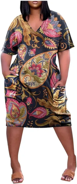 Short Sleeve Shirt Women 2024 Summer Casual T Shirt Plus Size V Neck Dress with Pocket Fashion Printed Pullover