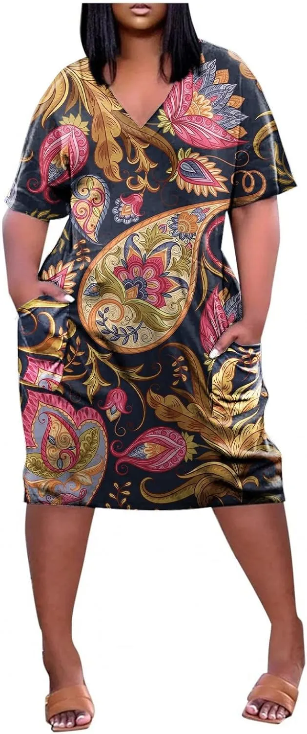 Short Sleeve Shirt Women 2024 Summer Casual T Shirt Plus Size V Neck Dress with Pocket Fashion Printed Pullover
