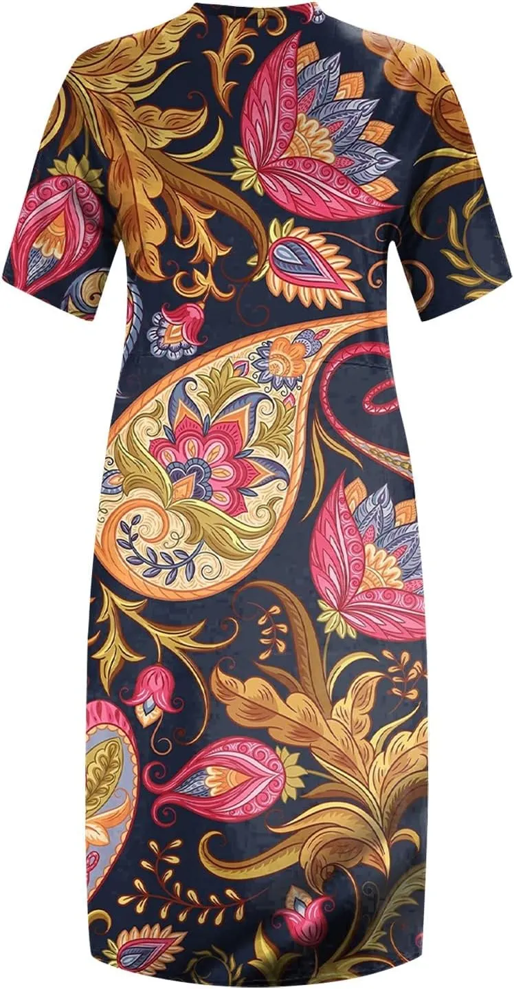 Short Sleeve Shirt Women 2024 Summer Casual T Shirt Plus Size V Neck Dress with Pocket Fashion Printed Pullover