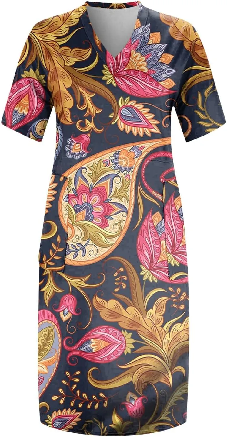 Short Sleeve Shirt Women 2024 Summer Casual T Shirt Plus Size V Neck Dress with Pocket Fashion Printed Pullover
