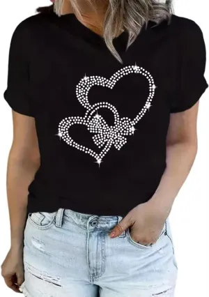 Sparkling Rhinestone T Shirt for Women Fashion Rhinestone Alphabets Graphic Short Sleeve Shirt Casual Tee Tops
