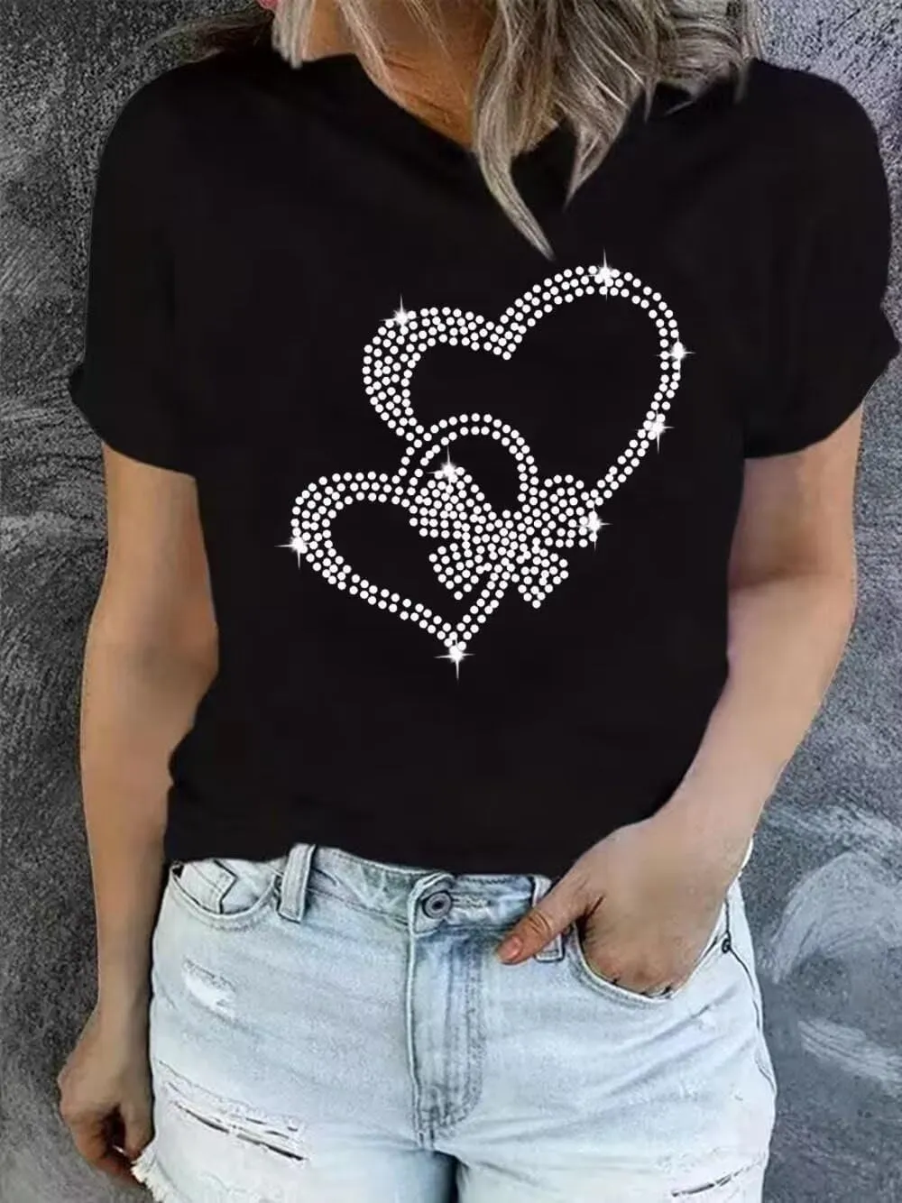 Sparkling Rhinestone T Shirt for Women Fashion Rhinestone Alphabets Graphic Short Sleeve Shirt Casual Tee Tops