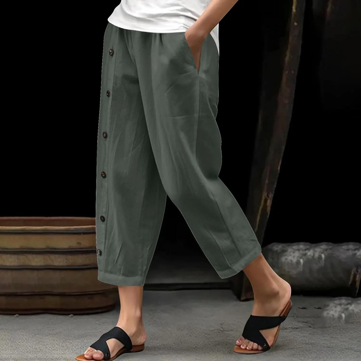 Summer Linen Cropped Trousers for Women Trendy Capris High Waist Straight Wide Leg Beach Pants Loose Slacks