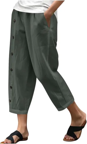 Summer Linen Cropped Trousers for Women Trendy Capris High Waist Straight Wide Leg Beach Pants Loose Slacks