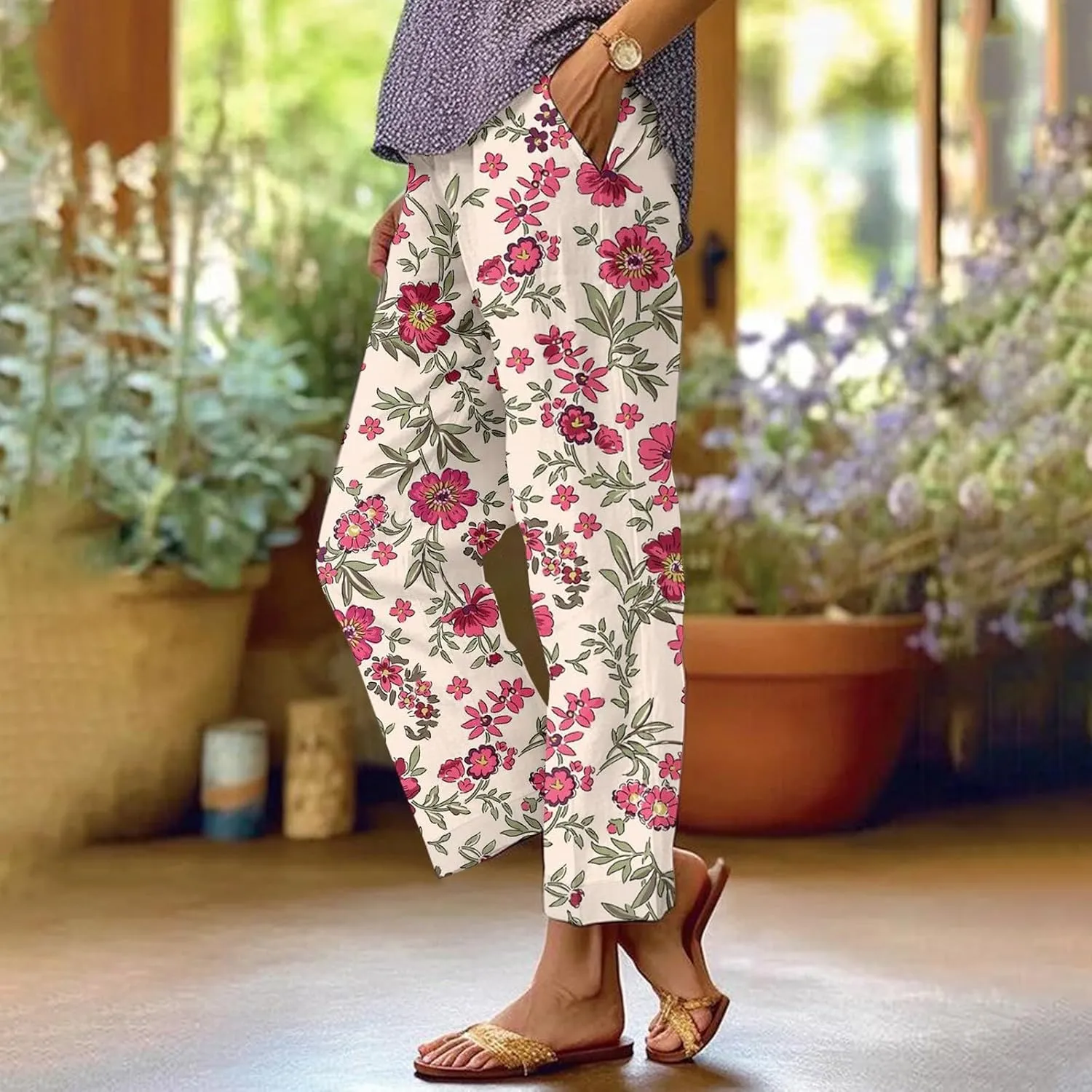 Summer Pants for Women 2025 Vacation Casual Boho Floral Print Cotton Linen Pants Fashion Wide Leg Stripe Lounge Pant