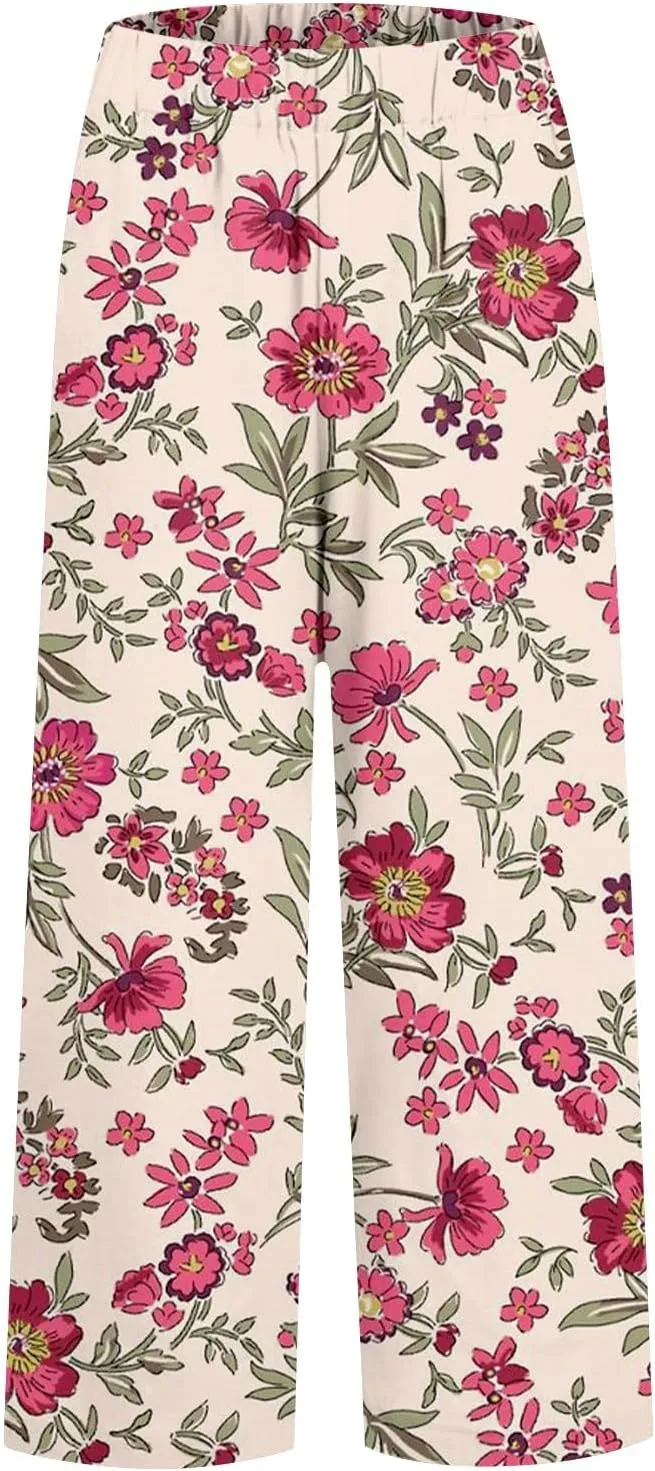 Summer Pants for Women 2025 Vacation Casual Boho Floral Print Cotton Linen Pants Fashion Wide Leg Stripe Lounge Pant
