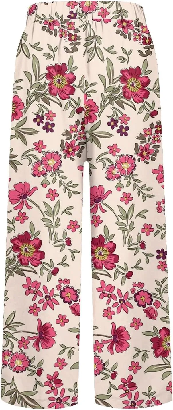 Summer Pants for Women 2025 Vacation Casual Boho Floral Print Cotton Linen Pants Fashion Wide Leg Stripe Lounge Pant