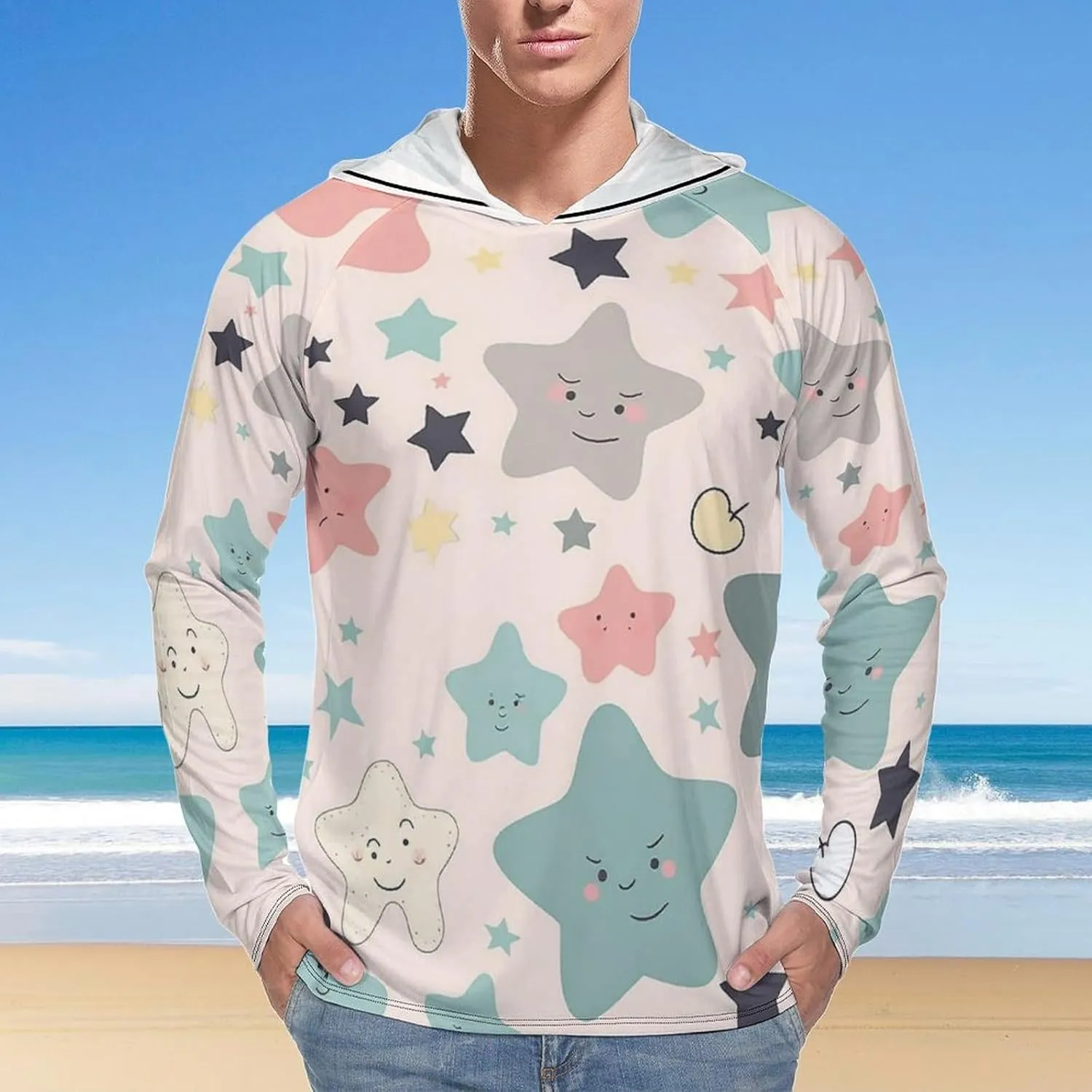 Sun Protection Shirt Long Sleeve Hoodie Cute Stars Lightweight Rash Guard Quick Dry Sun Shirt for Outdoor