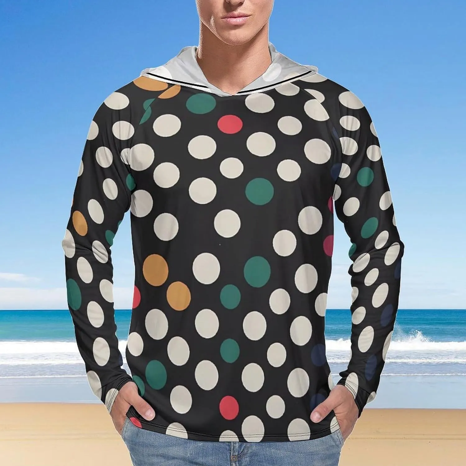 Sun Protection Shirt Long Sleeve Hoodie Polka Dot Lightweight Rash Guard Quick Dry Sun Shirt for Outdoor