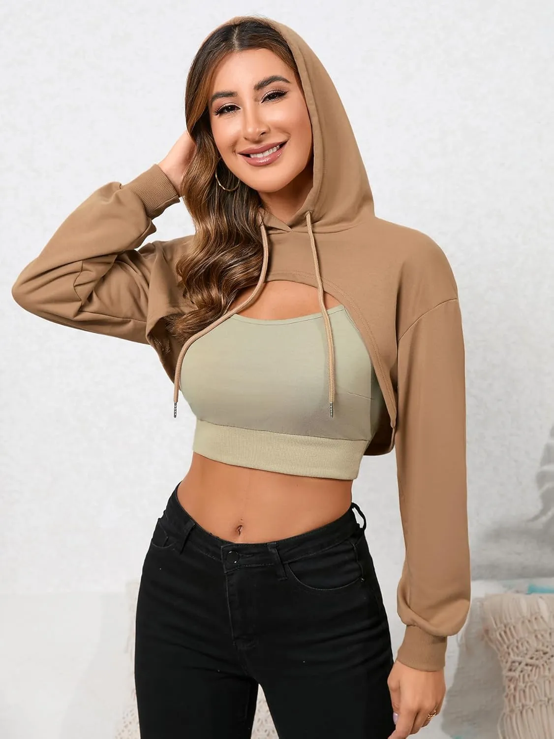 SweatyRocks Women's 2 Piece Outfits Long Sleeve Pullover Crop Top Sweatshirts Hoodie And Cami Tank Top Set
