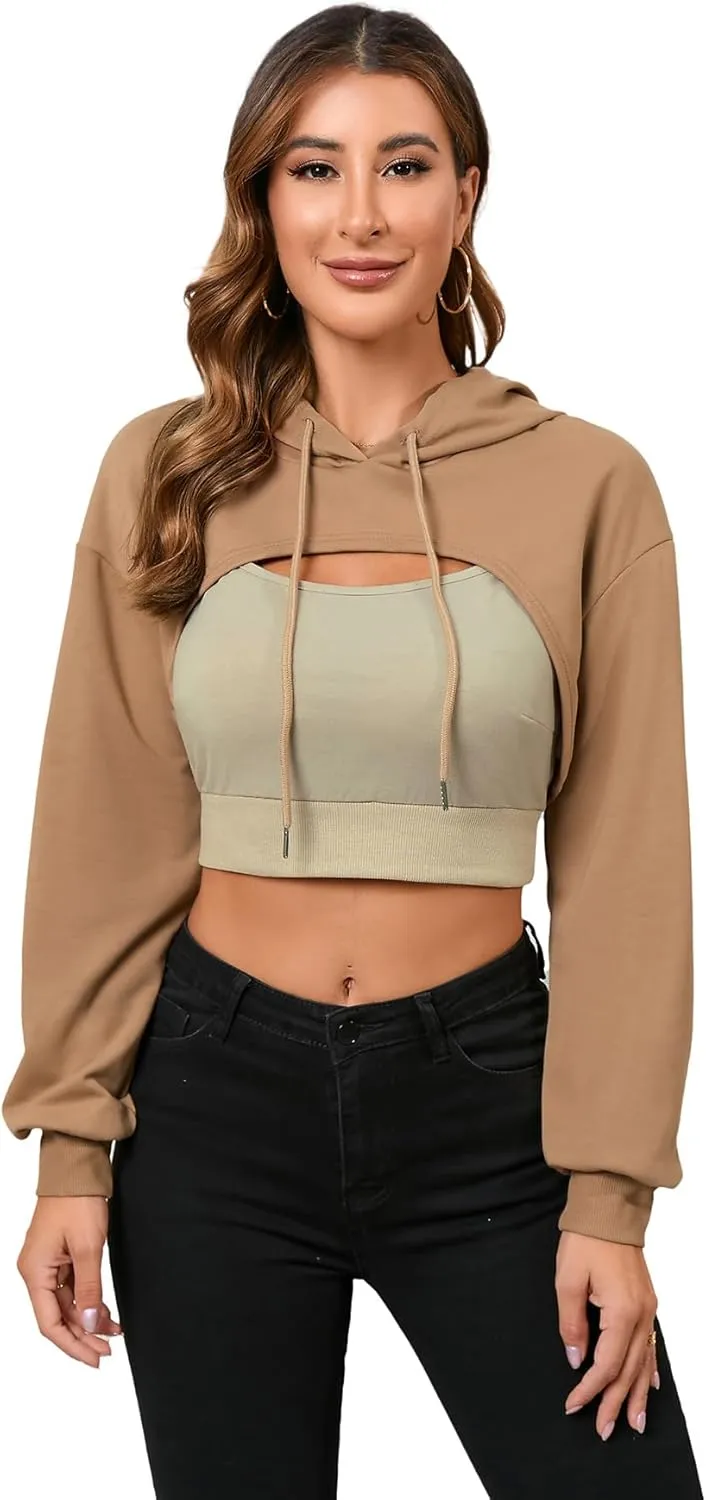 SweatyRocks Women's 2 Piece Outfits Long Sleeve Pullover Crop Top Sweatshirts Hoodie And Cami Tank Top Set