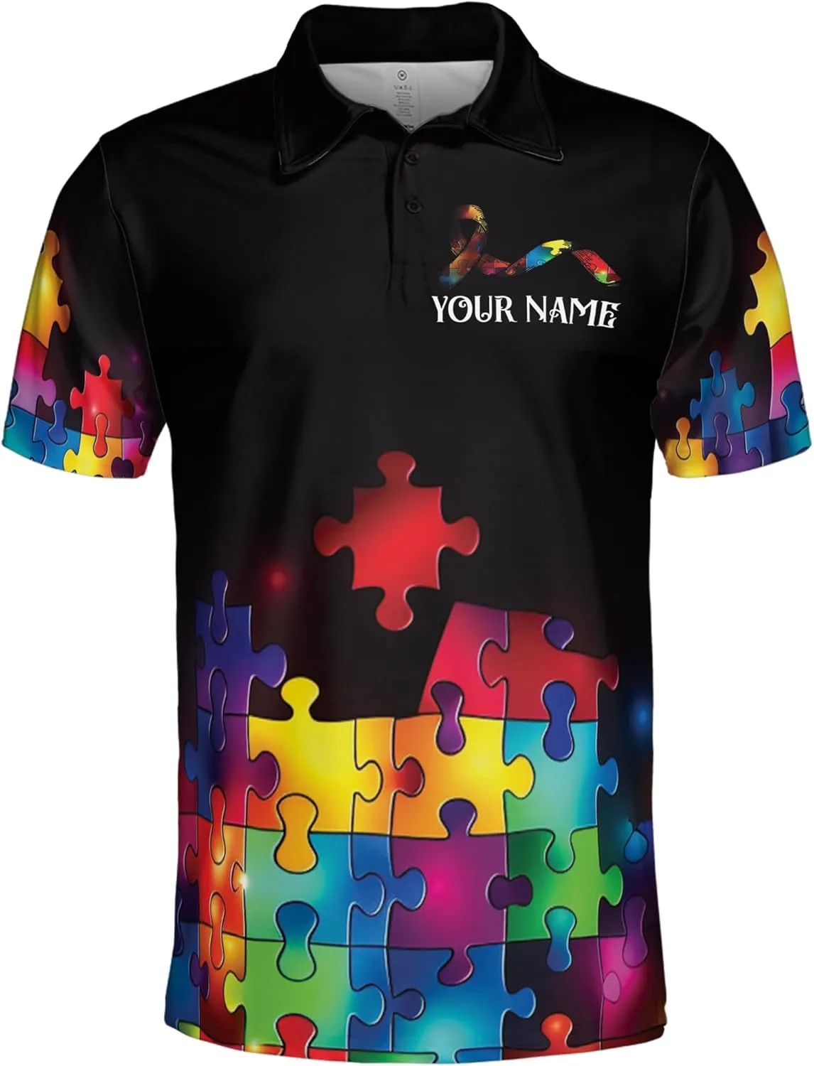 ThuhaTree Store Personalized Name Autism Awareness Hearts Colorful Men & Women Polo Shirt S-5XL, Polo Autism Shirt