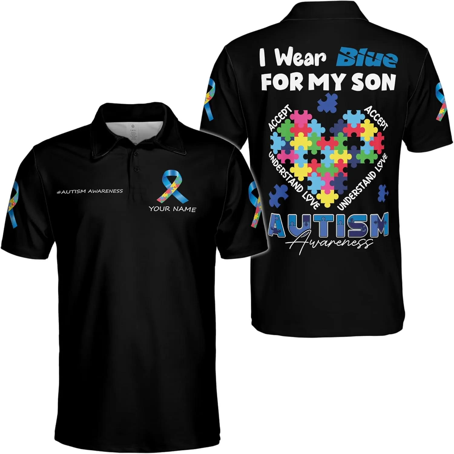 ThuhaTree Store Personalized Name Autism Awareness Hearts Colorful Men & Women Polo Shirt S-5XL, Polo Autism Shirt