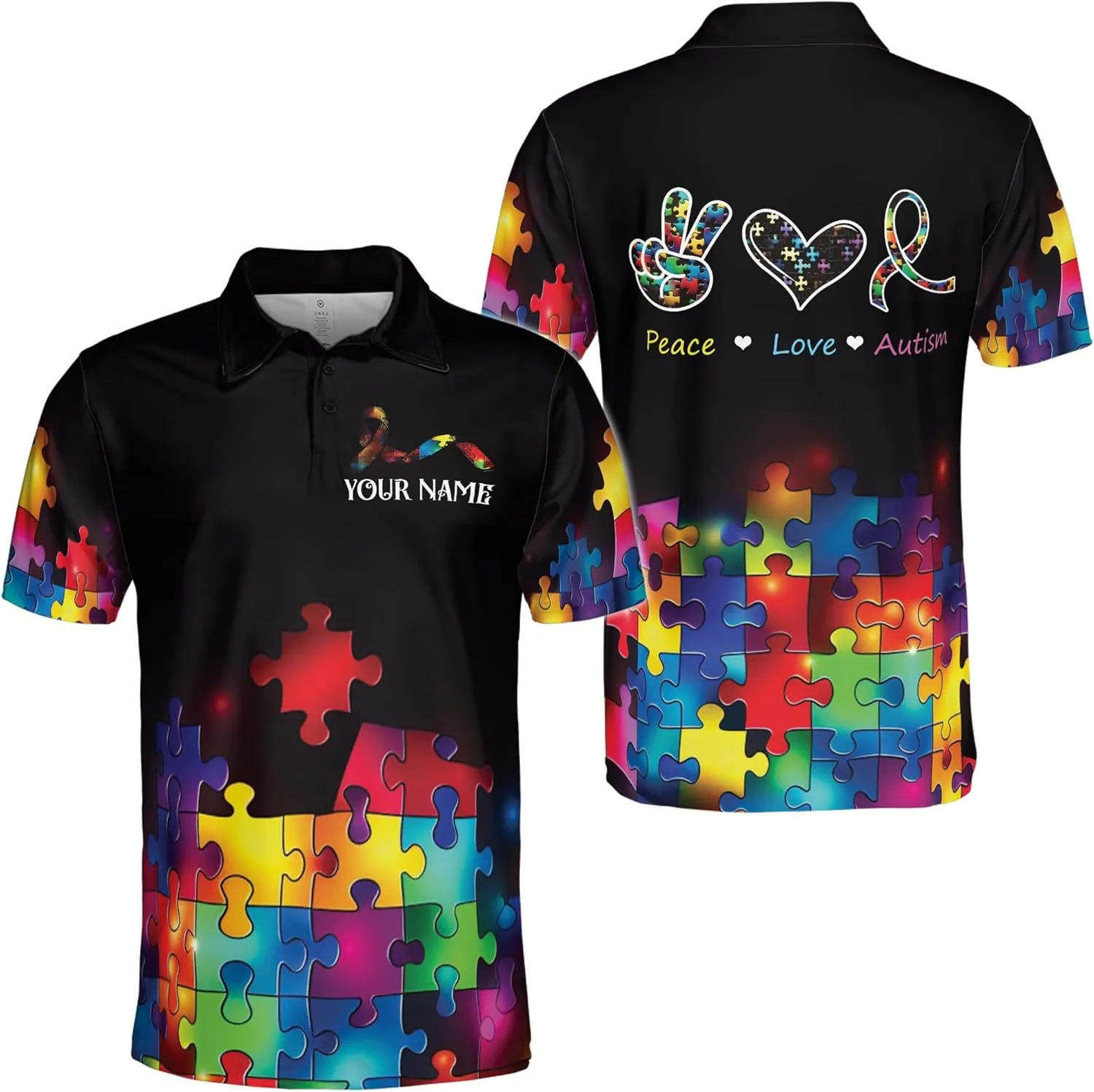 ThuhaTree Store Personalized Name Autism Awareness Hearts Colorful Men & Women Polo Shirt S-5XL, Polo Autism Shirt