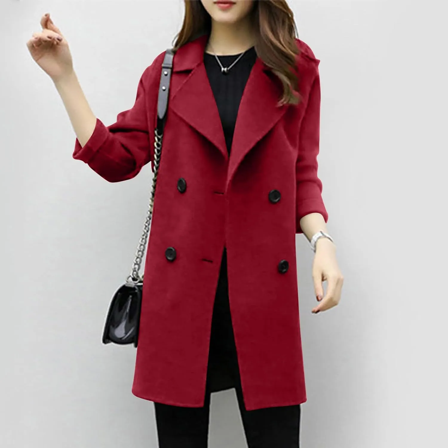 Trench Coat for Women Winter Wool Blend Pea Coats Mid Length Notched Collar Double Breasted Overcoat Jackets