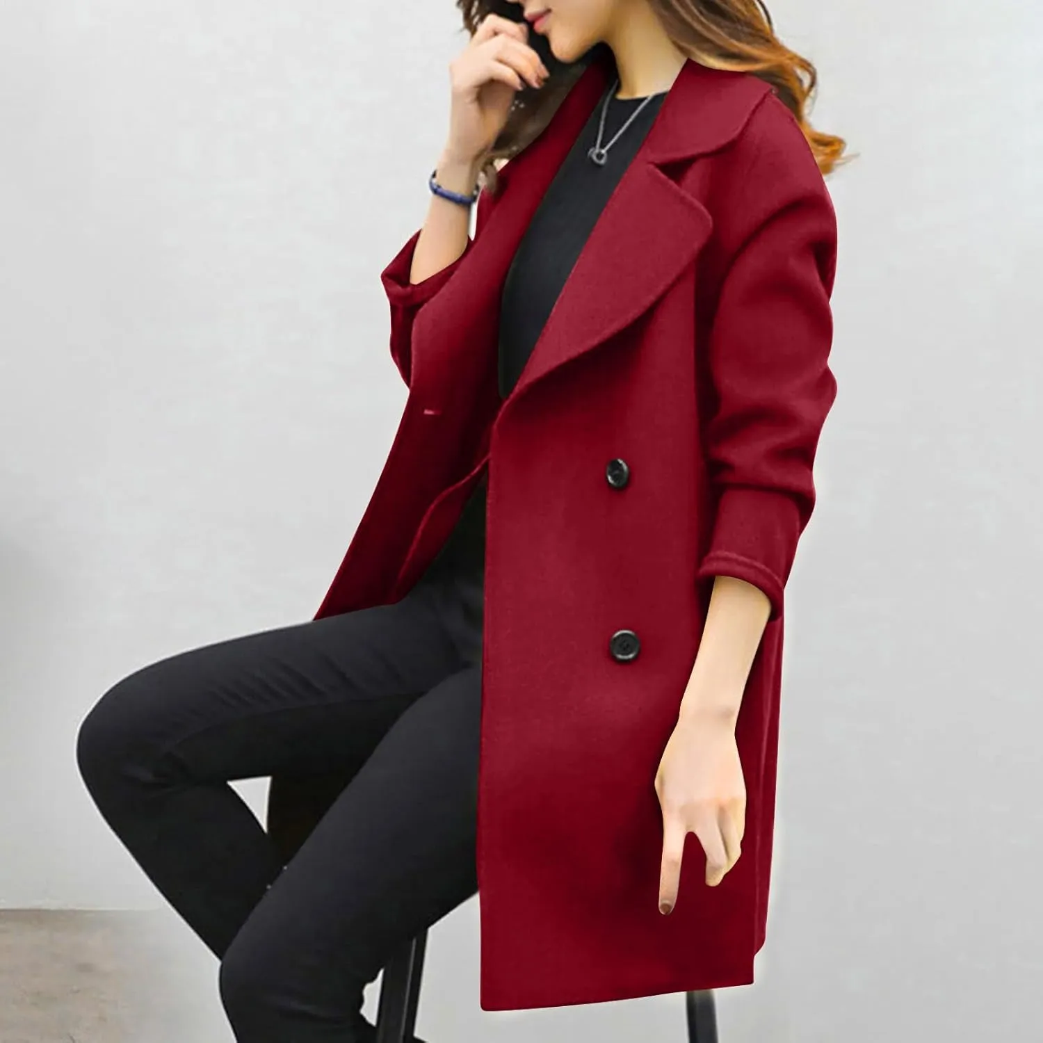 Trench Coat for Women Winter Wool Blend Pea Coats Mid Length Notched Collar Double Breasted Overcoat Jackets