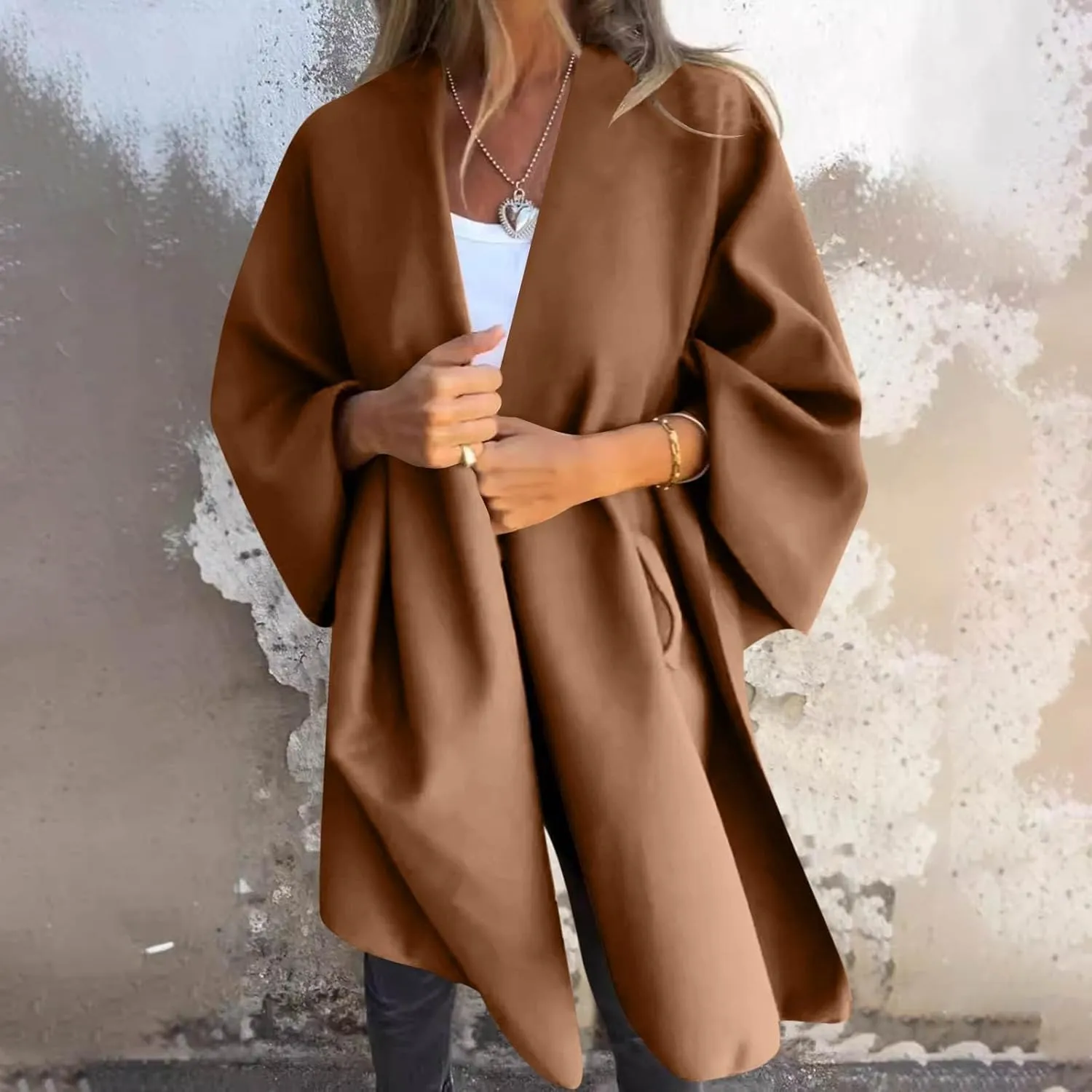 Trench Coat Women Oversized Cardigans V Neck Bat Sleeve Jackets Solid Color Fall Pea Coats Windproof Overcoat