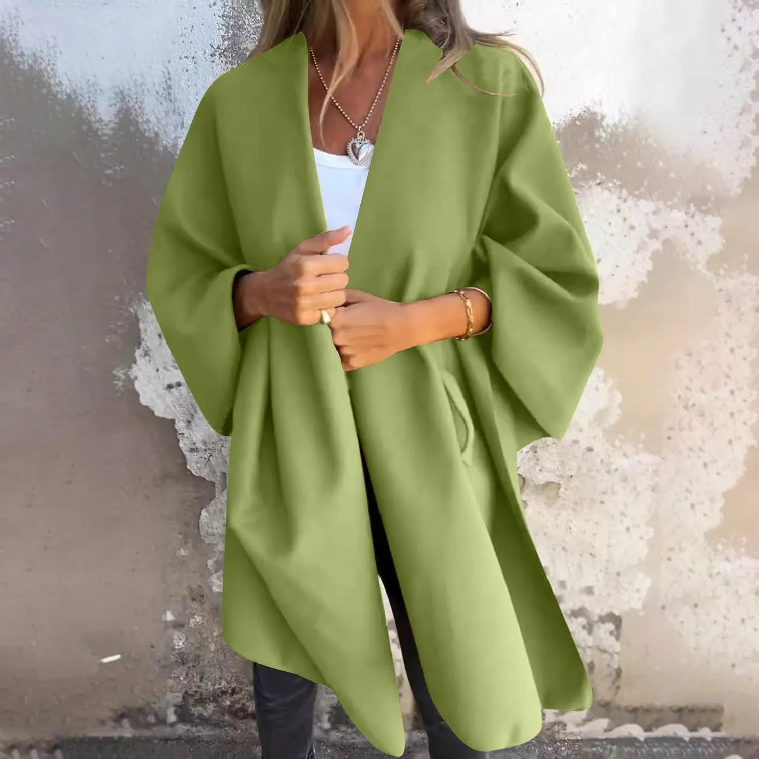 Trench Coat Women Oversized Cardigans V Neck Bat Sleeve Jackets Solid Color Fall Pea Coats Windproof Overcoat