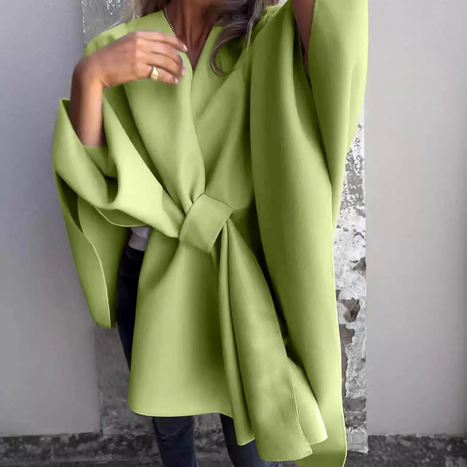 Trench Coat Women Oversized Cardigans V Neck Bat Sleeve Jackets Solid Color Fall Pea Coats Windproof Overcoat