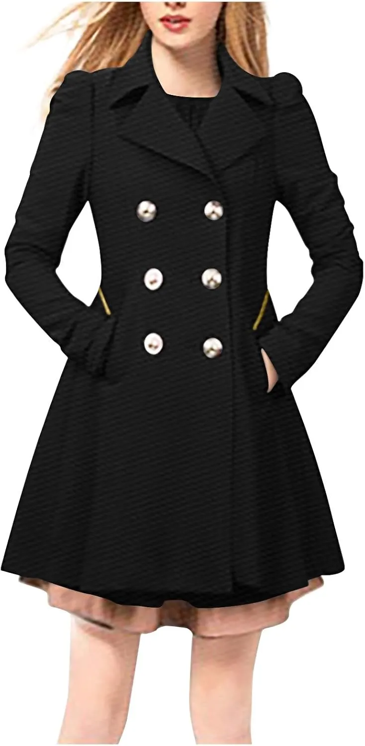 Trench Coats for Women 2024 Notched Lapel Collar Doubel-Breasted Dress Coats Fall Winter Wool Blend Pea Coat Jackets