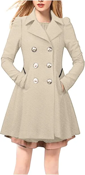 Trench Coats for Women 2024 Notched Lapel Collar Doubel-Breasted Dress Coats Fall Winter Wool Blend Pea Coat Jackets