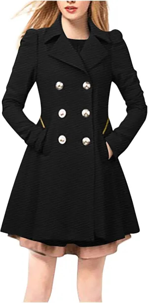 Trench Coats for Women 2024 Notched Lapel Collar Doubel-Breasted Dress Coats Fall Winter Wool Blend Pea Coat Jackets